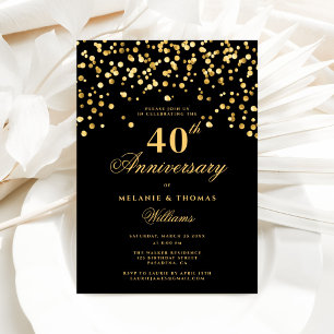 Invitation Élégant 40e anniversaire de Mariage noir et or
