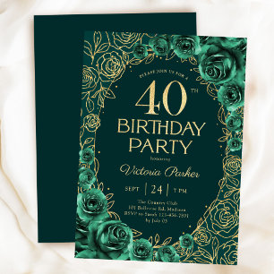 Invitation Élégant 40e anniversaire floral émeraude et or