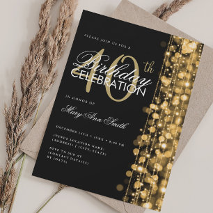 Invitation Élégant 40e anniversaire Glam étincelles or et noi