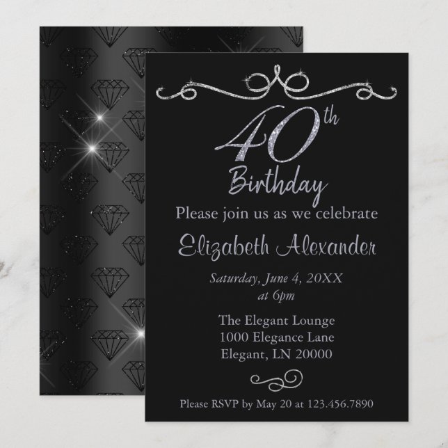 Invitation Elégant 40e anniversaire noir et argent (Devant / Derrière)