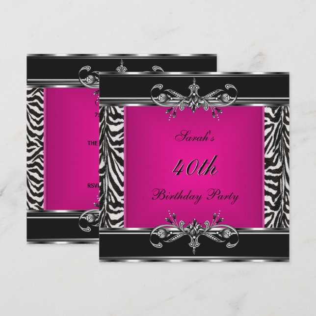 Invitation Elégant 40e anniversaire rose Zebra Black Silver (Devant / Derrière)