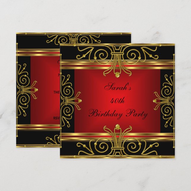 Invitation Elégant 40e anniversaire Rouge Black Gold Art Déco (Devant / Derrière)