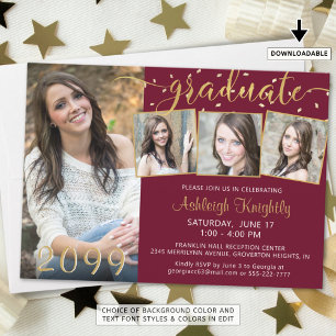 Invitation Elégant 4 Photo Graduate Maroon Gold Confetti