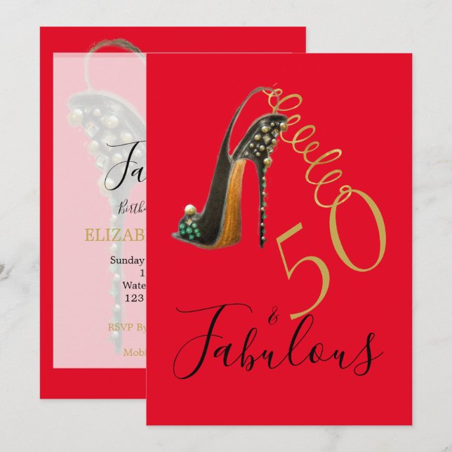 Invitation Elégant 50 Fabuleux Cinquantième Rouge Moderne Ann (Devant / Derrière)