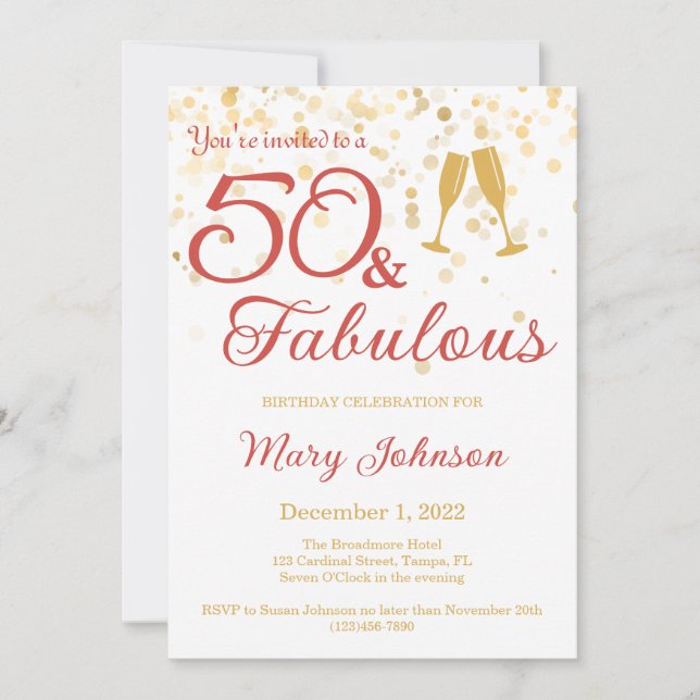 Invitation Elégant 50 & Fabulous Gold Parties scintillant Ann (Devant)