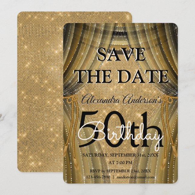 Invitation Élégant 50e anniversaire Black and Gold Sparkle (Devant / Derrière)
