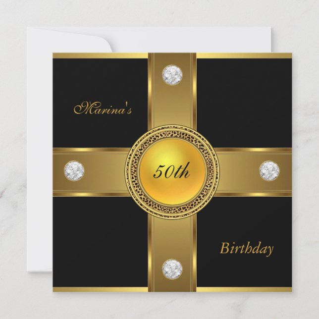 Invitation Elégant 50e anniversaire Black Gold Diamond Jewel (Devant)