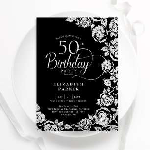 Invitation Élégant 50e anniversaire Black Silver Roses