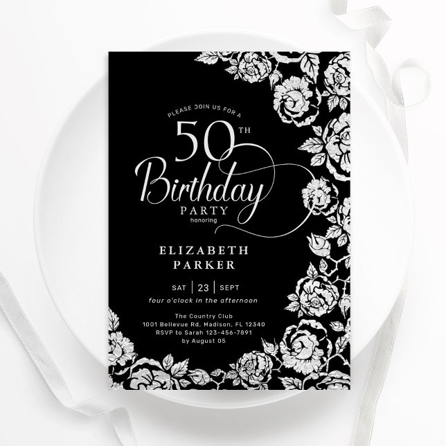 Invitation Élégant 50e anniversaire Black Silver Roses (Créateur téléchargé)