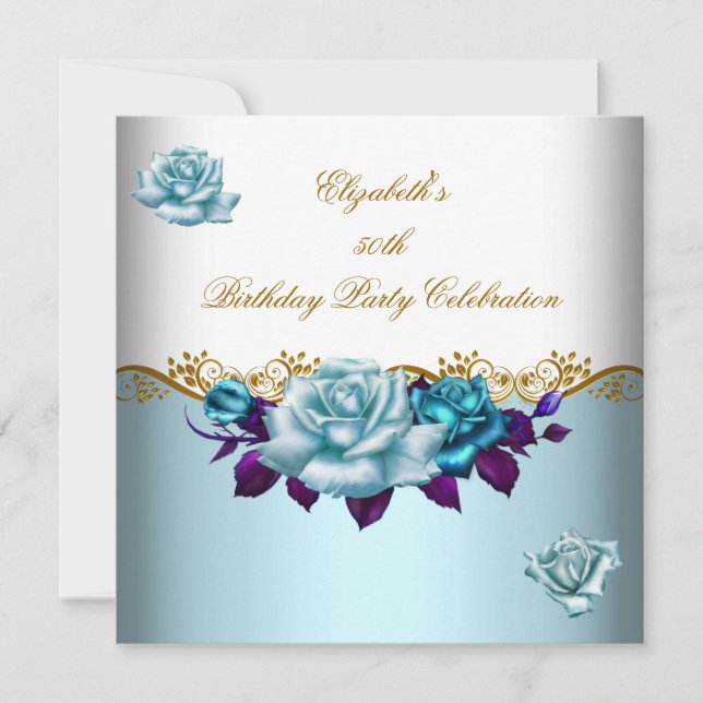 Invitation Élégant 50e anniversaire de fête Gold Blue Roses (Devant)