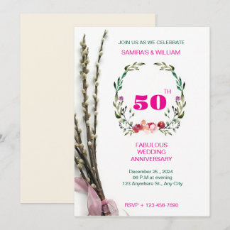 Invitation Élégant 50e anniversaire de fleurs vertes et roses