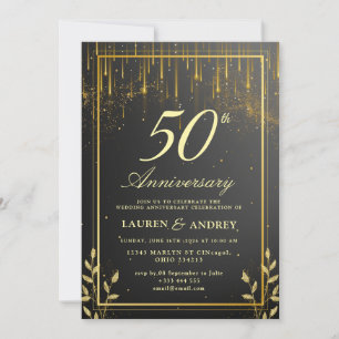 Invitation Élégant 50e anniversaire de mariage noir et or