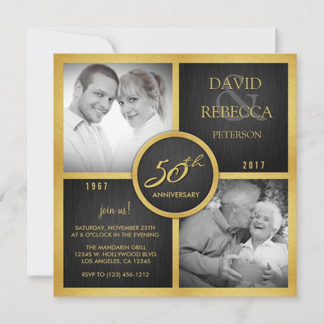 Invitation Élégant 50e anniversaire de mariage noir et or (Devant)