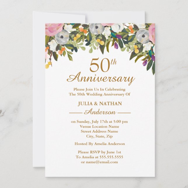 Invitation Élégant 50e anniversaire de Mariage rose floral (Devant)