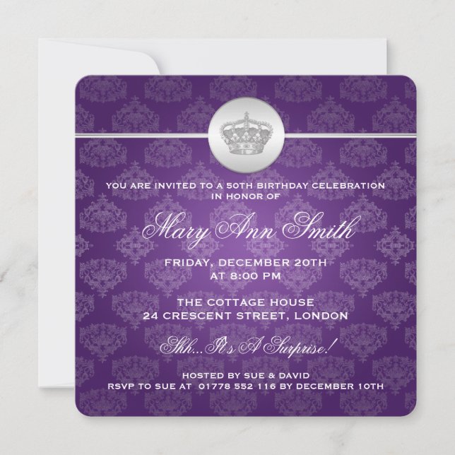 Invitation Élégant 50e anniversaire du Parti Royal Crown Purp (Devant)