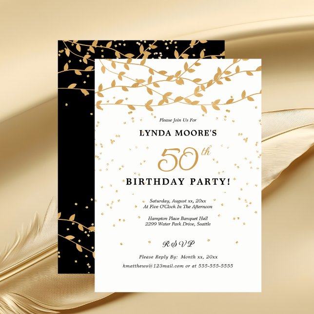 Invitation Élégant 50e anniversaire Feuilles d'or (Elegant 50th Birthday Party Gold Leaves Invitation)