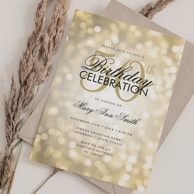 Invitation Elégant 50e anniversaire Glam Gold Shimmer lumière (Elegant 50th Birthday Glam Gold Shimmer Lights Invitation)