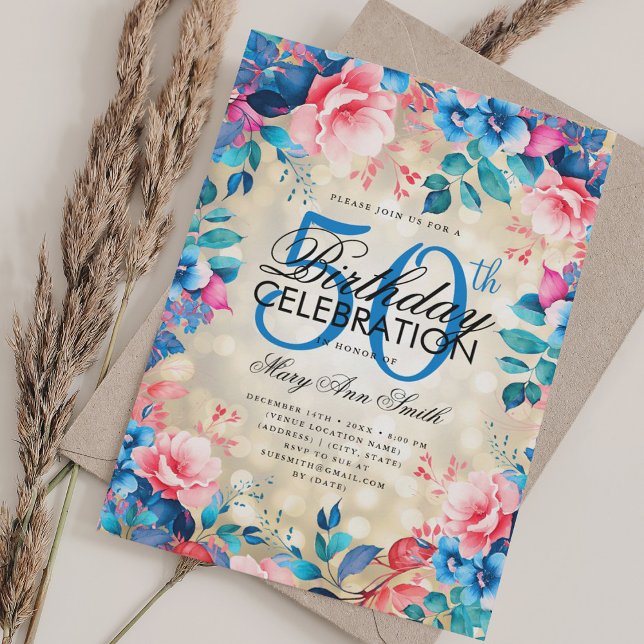 Invitation Elégant 50e anniversaire Gold Blue Rose lumières f (Elegant 50th Birthday Gold Blue Pink Floral Lights Invitation)