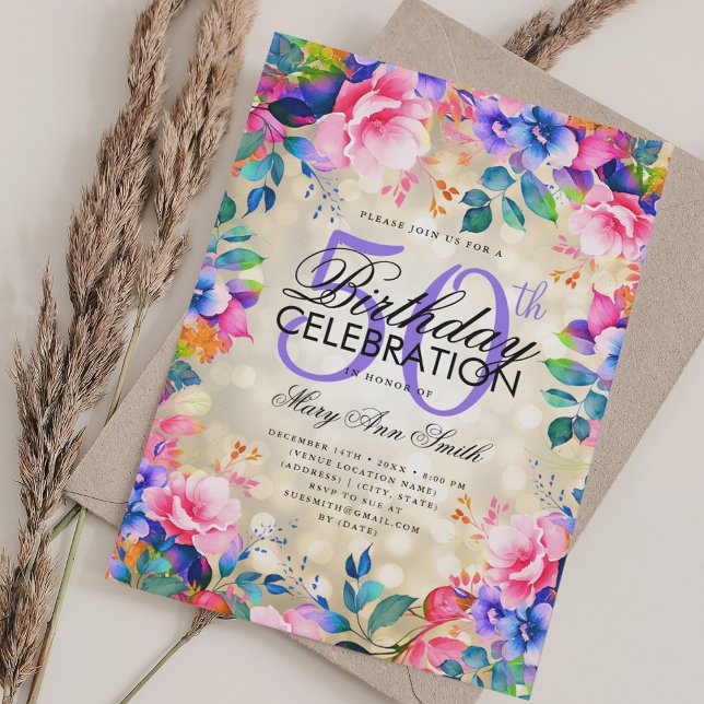 Invitation Élégant 50e anniversaire Gold Rainbow Floral Lumiè (Elegant 50th Birthday Gold Rainbow Floral Lights Invitation)