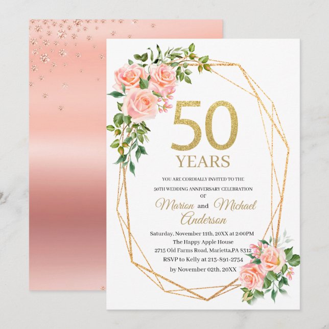 Invitation Elégant 50e anniversaire Mariage aquarelle brillan (Devant / Derrière)