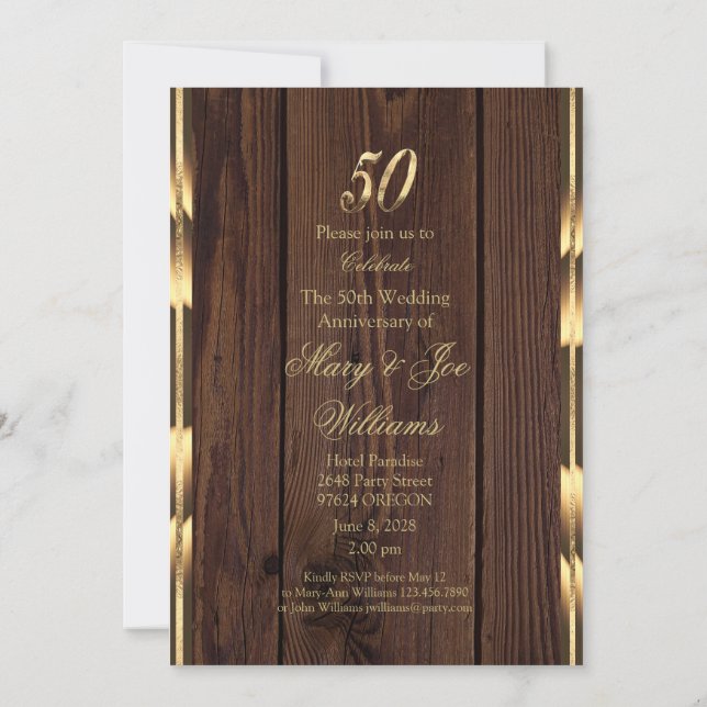 Invitation Élégant 50e anniversaire Mariage or Rustique Bois (Dos)