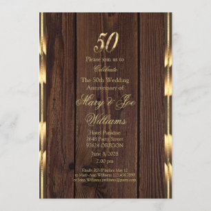 Invitation Élégant 50e anniversaire Mariage or Rustique Bois