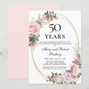 Invitation Élégant 50e Anniversaire Rose Fleur Rose