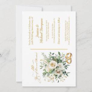 Invitation Élégant 50e Anniversaire Roses Blanches Anneaux Do
