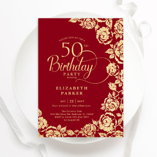 Invitation Élégant 50e anniversaire Roses d'or rouge