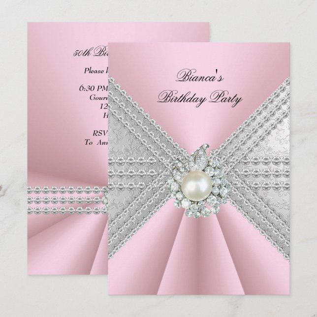 Invitation Elégant 50e anniversaire Silver Pink Diamond Pearl (Devant / Derrière)
