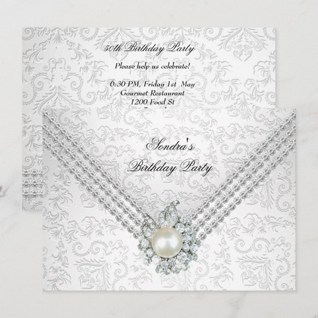 Invitation Elégant 50e anniversaire Silver White Diamond Pear (Devant / Derrière)