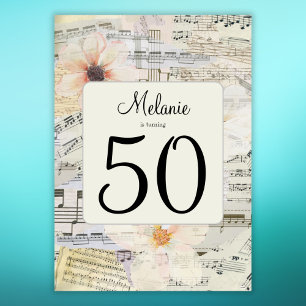 Invitation Elégant 50e anniversaire Vintage musique Floral