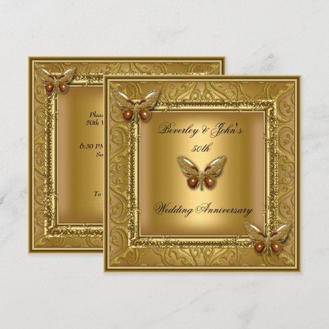 Invitation Élégant 50ème anniversaire de Mariage Damas d'or (Devant / Derrière)
