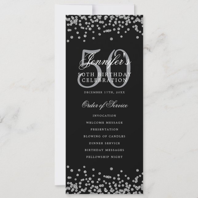 Invitation Élégant 50ème Anniversaire Menu Confetti Argent (Devant)