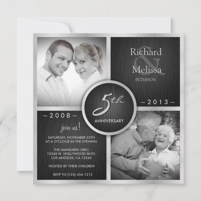 Invitation Élégant 5e anniversaire de Mariage noir et argent (Devant)