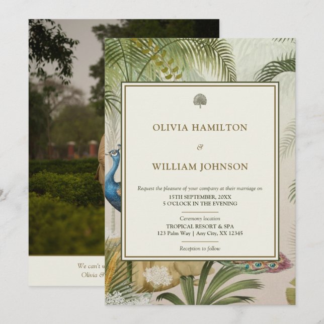 Invitation Élégant 5x7 Photo Tropical Peacock Mariage (Devant / Derrière)