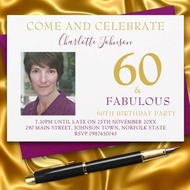 Invitation Elégant 60 et Fabulous Photo 60e anniversaire (60 and fabulous photo template stylish gold and purple 60th birthday party invitation )