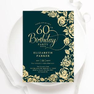 Invitation Élégant 60e anniversaire Emerald Green Roses or