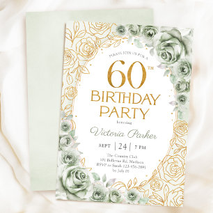 Invitation Élégant 60e anniversaire vert sauge or floral