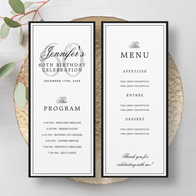 Invitation Elegant 60th Birthday Party Program + Menu  (Elegant 60th Birthday Party Program + Menu)