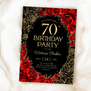 Invitation Elégant 70e Anniversaire Fleurs Rouge Noir & Or