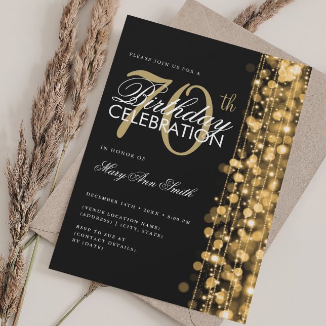 Invitation Élégant 70e anniversaire Glam étincelles or et noi (Elegant 70th Birthday Glam Sparkles Gold & Black Invitation)