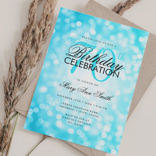 Invitation Elégant 70e anniversaire Glam Turquoise Shimmer Li (Elegant 70th Birthday Glam Turquoise Shimmer Light Invitation)