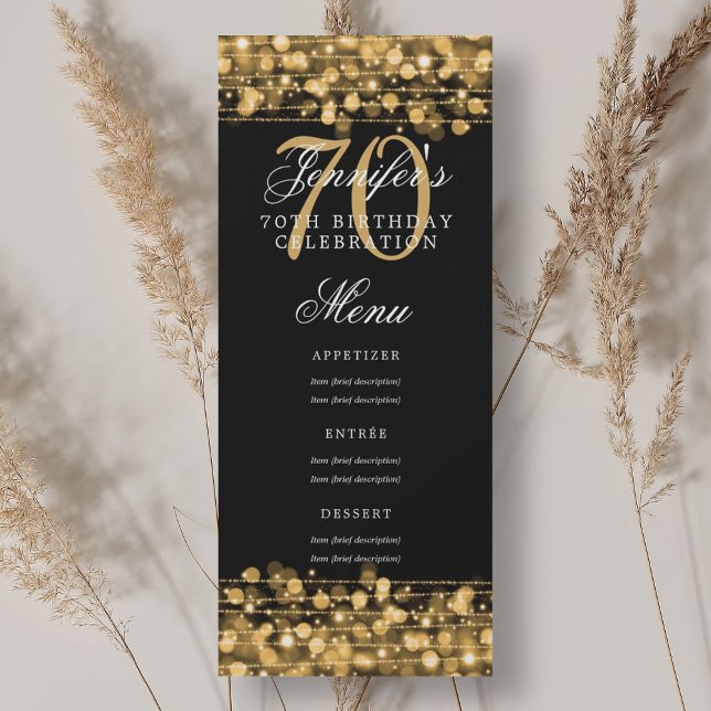 Invitation Elégant 70e Anniversaire Menu Gold Lights (Elegant 70th Birthday Party Menu Gold Lights Invitation)