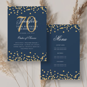 Invitation Élégant 70e anniversaire Menu Gold Marine Blue