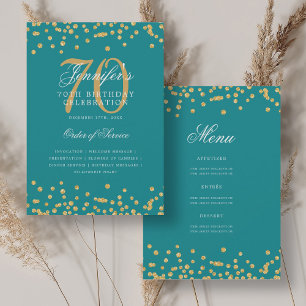 Invitation Elégant 70e Anniversaire Menu Gold Turquoise