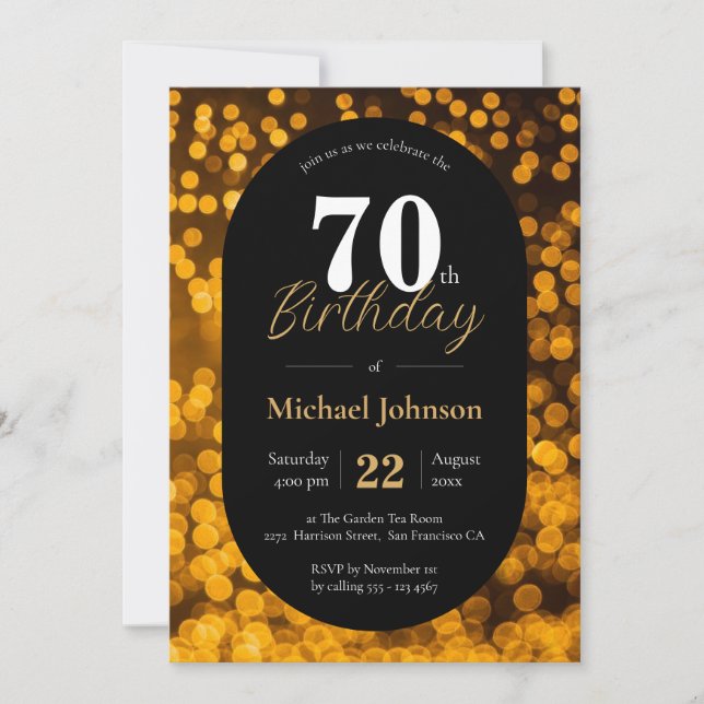 Invitation Elégant 70e anniversaire Or Noir Simple Personnali (Devant)