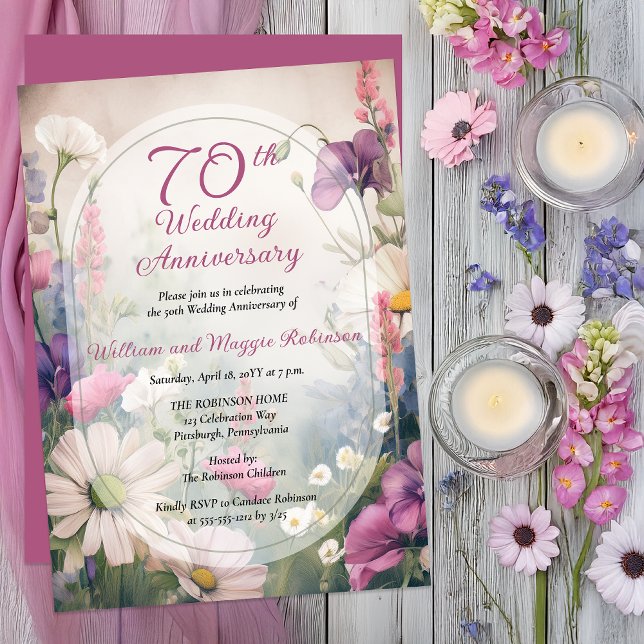 Invitation Elegant 70th Wedding Anniversary Party Floral (Elegant 70th Wedding Anniversary Invitation with Soft Spring Florals and Arch Frame -Print | Digital)