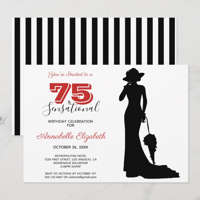Invitation Elégant 75e anniversaire rouge/noir 75 & SENSATION (Devant / Derrière)