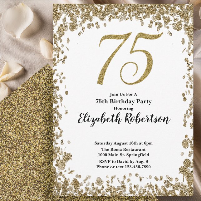 Invitation Elegant 75th Birthday White and Gold Sequin (Créateur téléchargé)